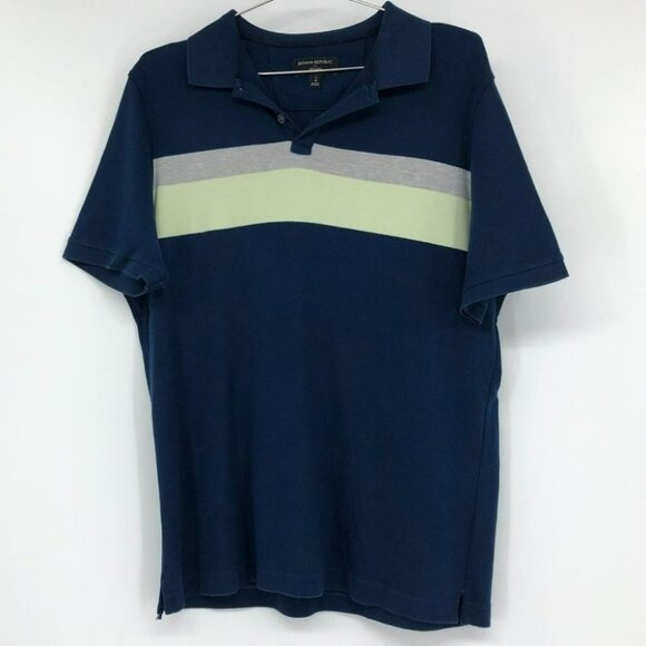 Banana Republic Dress Polo navy with yellow grey stripe men’s Large - Picture 14 of 15